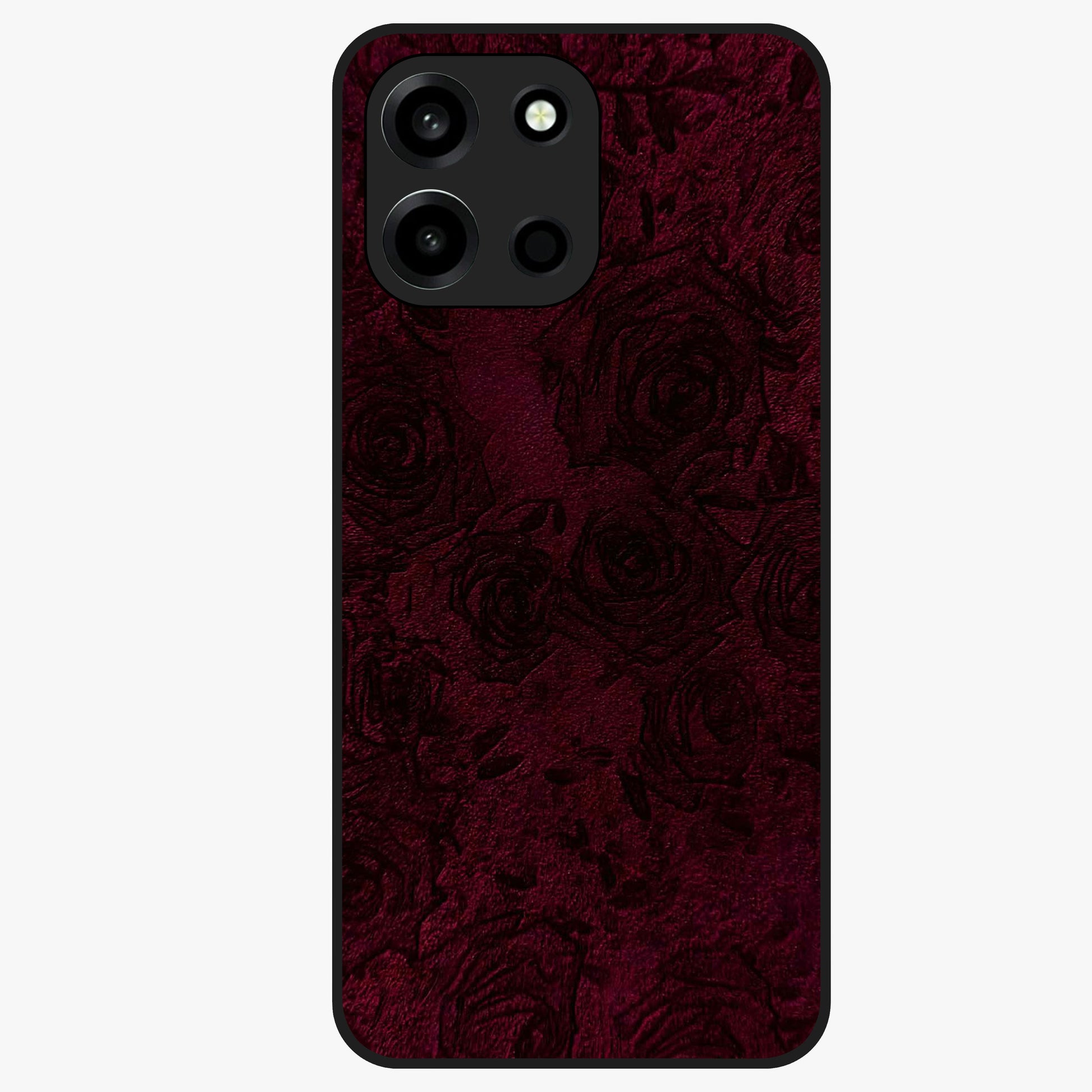 Crimson Fade Flow Glass Case showing flat back view with flowing crimson gradient artwork and glossy glass finish.