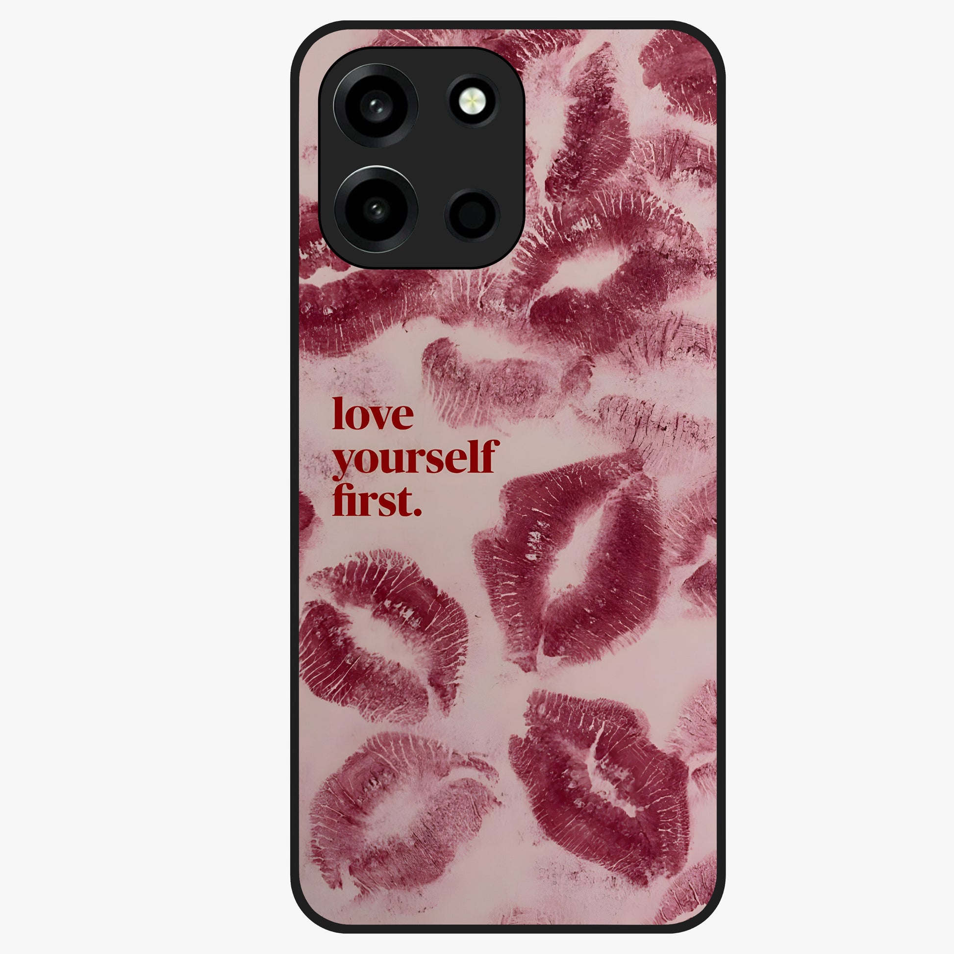 Crimson Kiss Love Glass Case showing flat back view with romantic crimson themed artwork and glossy glass finish.