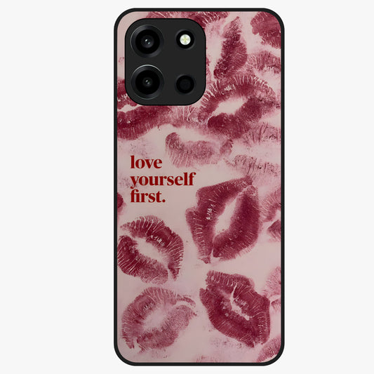 Crimson Kiss Love Glass Case showing flat back view with romantic crimson themed artwork and glossy glass finish.