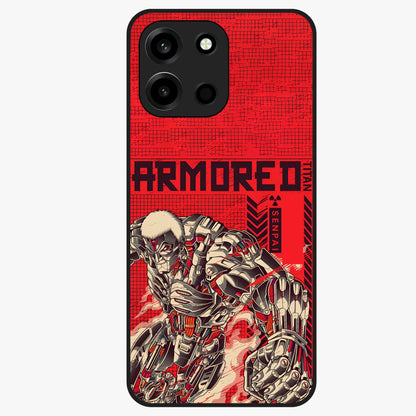 Crimson Mecha Titan Glass Case showing flat back view with powerful mech titan artwork and glossy glass finish.
