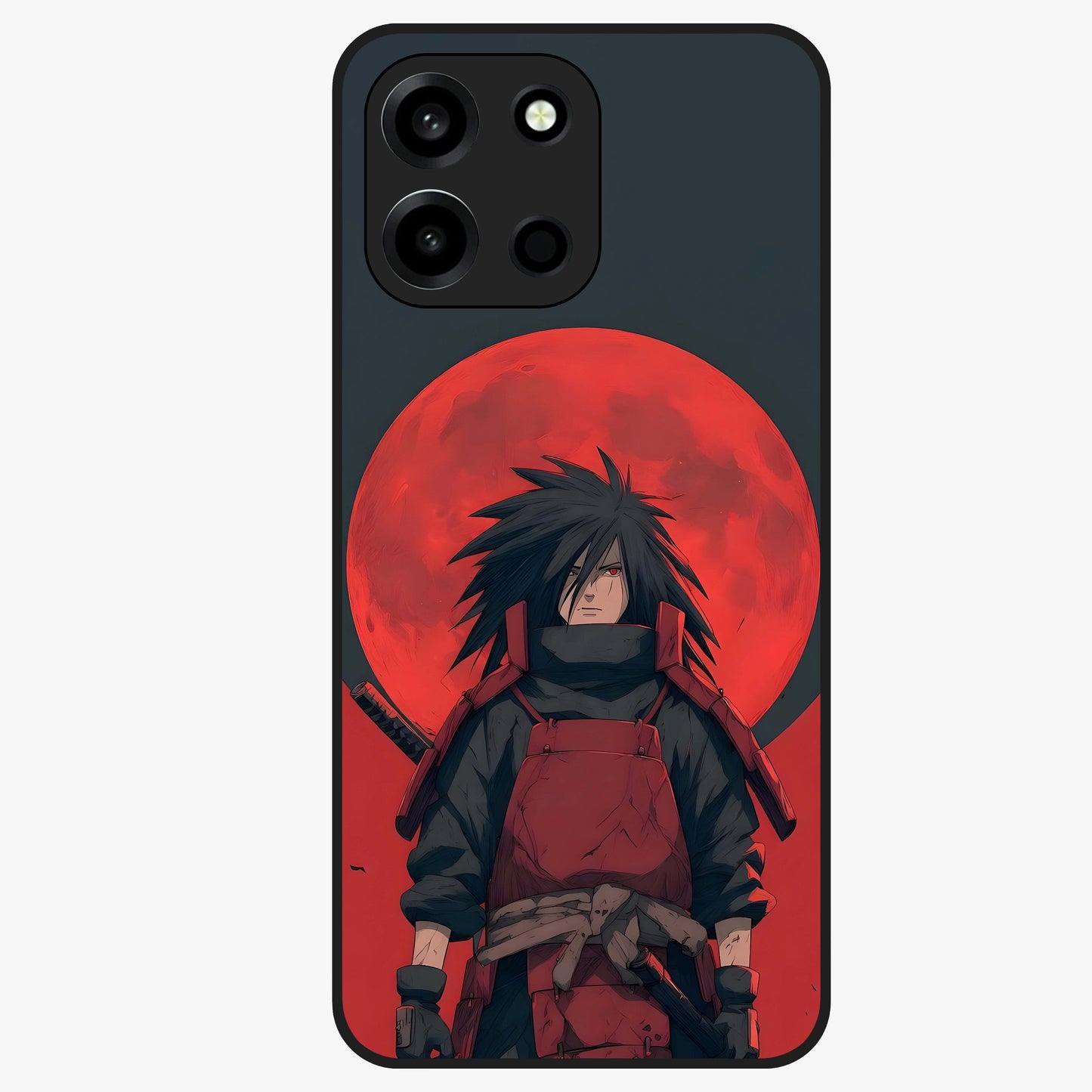 Crimson Moon Warlord Glass Case showing flat back view with mystical moon warrior artwork and glossy glass finish.