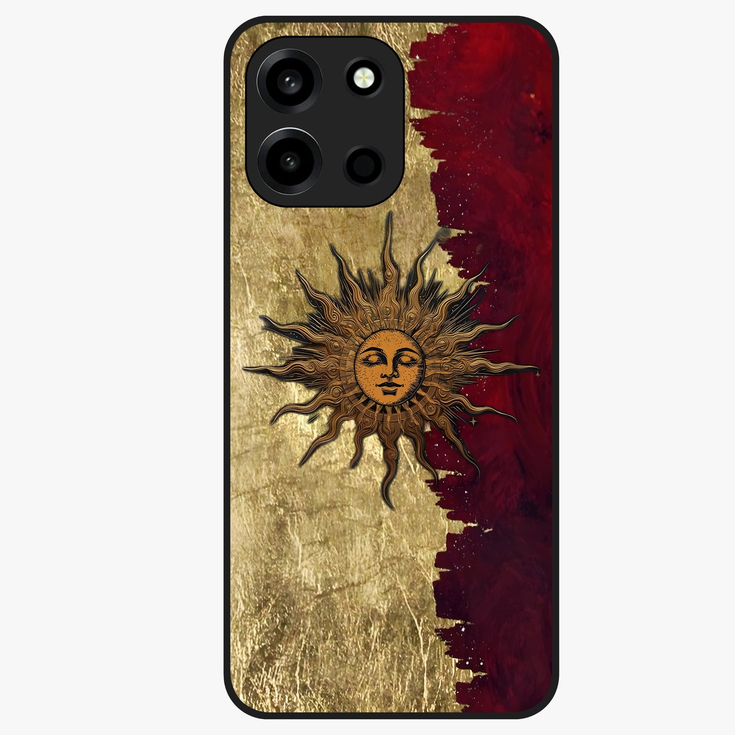 Crimson Sun Majesty Glass Case showing flat back view with radiant sun inspired artwork and glossy glass finish.