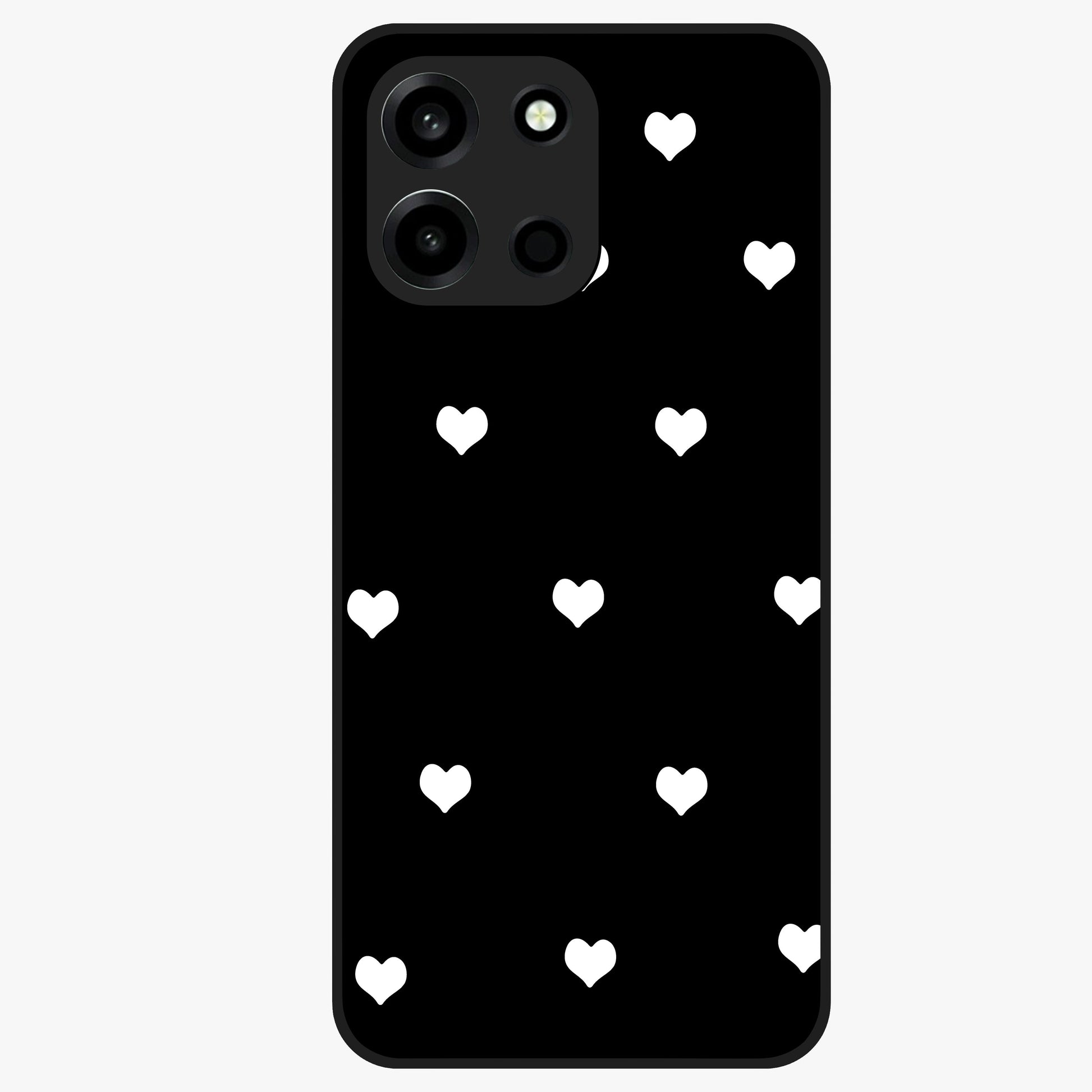 Cute And Simple White Hearts Glass Case showing flat back view with minimal white heart pattern and glossy glass finish.