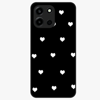 Cute And Simple White Hearts Glass Case showing flat back view with minimal white heart pattern and glossy glass finish.