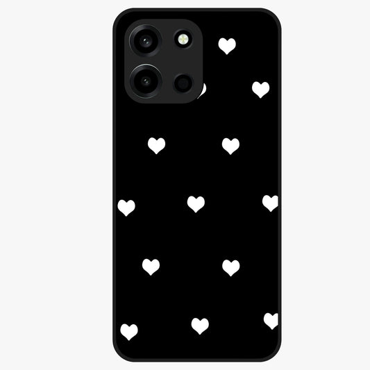Cute And Simple White Hearts Glass Case showing flat back view with minimal white heart pattern and glossy glass finish.