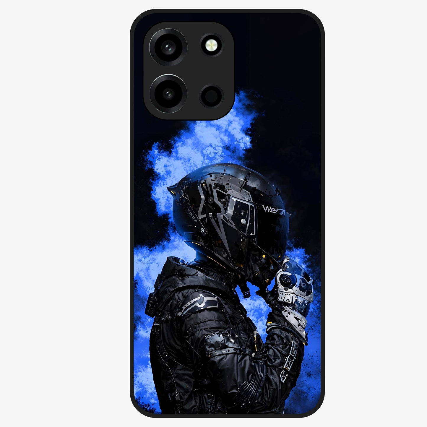 Cyber Sentinel Protocol Glass Case showing flat back view with futuristic cyber themed artwork and glossy glass finish.