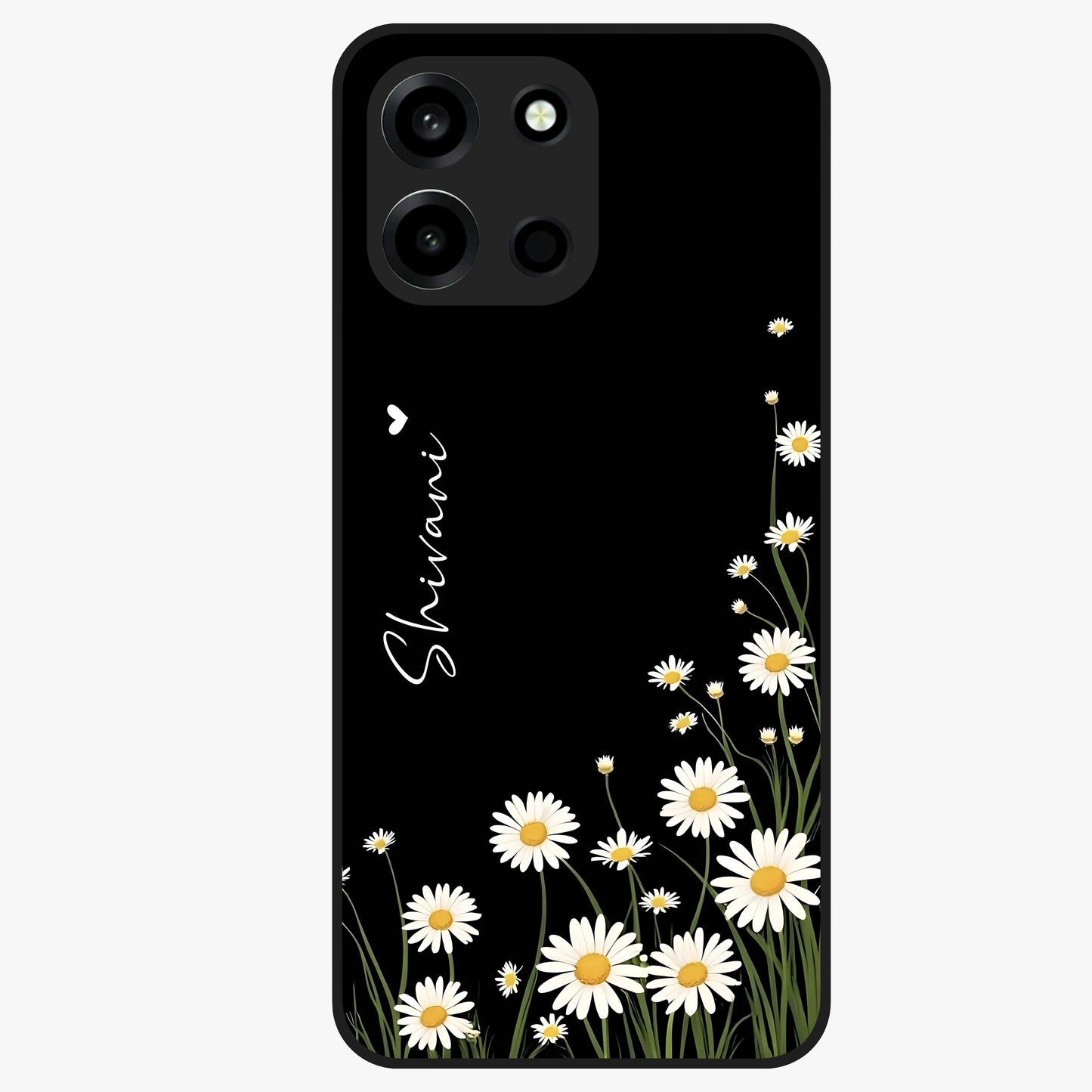 Daisy Cascade Custom Name Glass Case showing flat back view with cascading daisy flowers and personalized name design.
