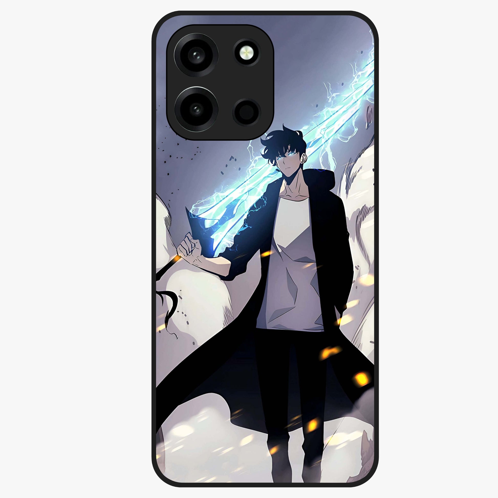 Dark Lightning Anime Warrior Glass Case showing flat back view with intense anime warrior artwork and glossy glass finish.