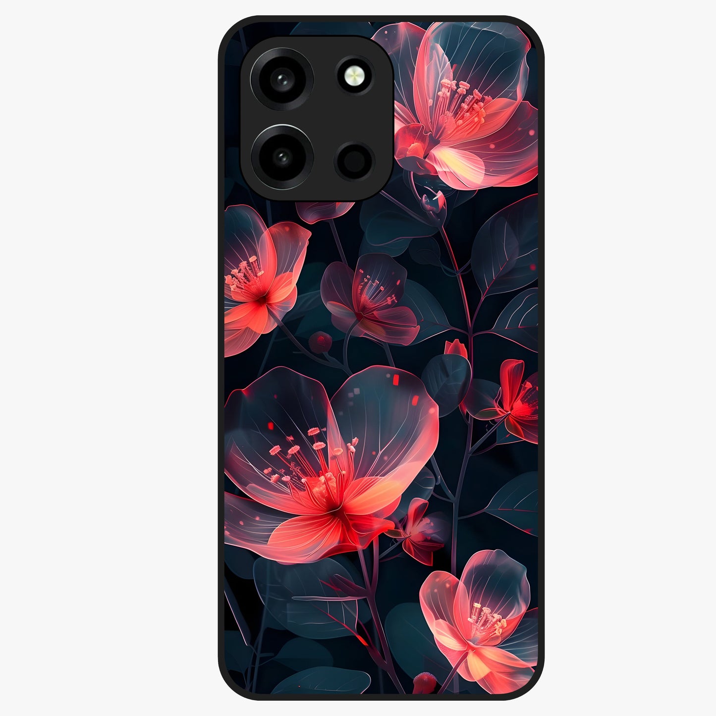 Dark Shade of Flower Glass Case showing flat back view with elegant dark floral artwork and glossy glass finish.