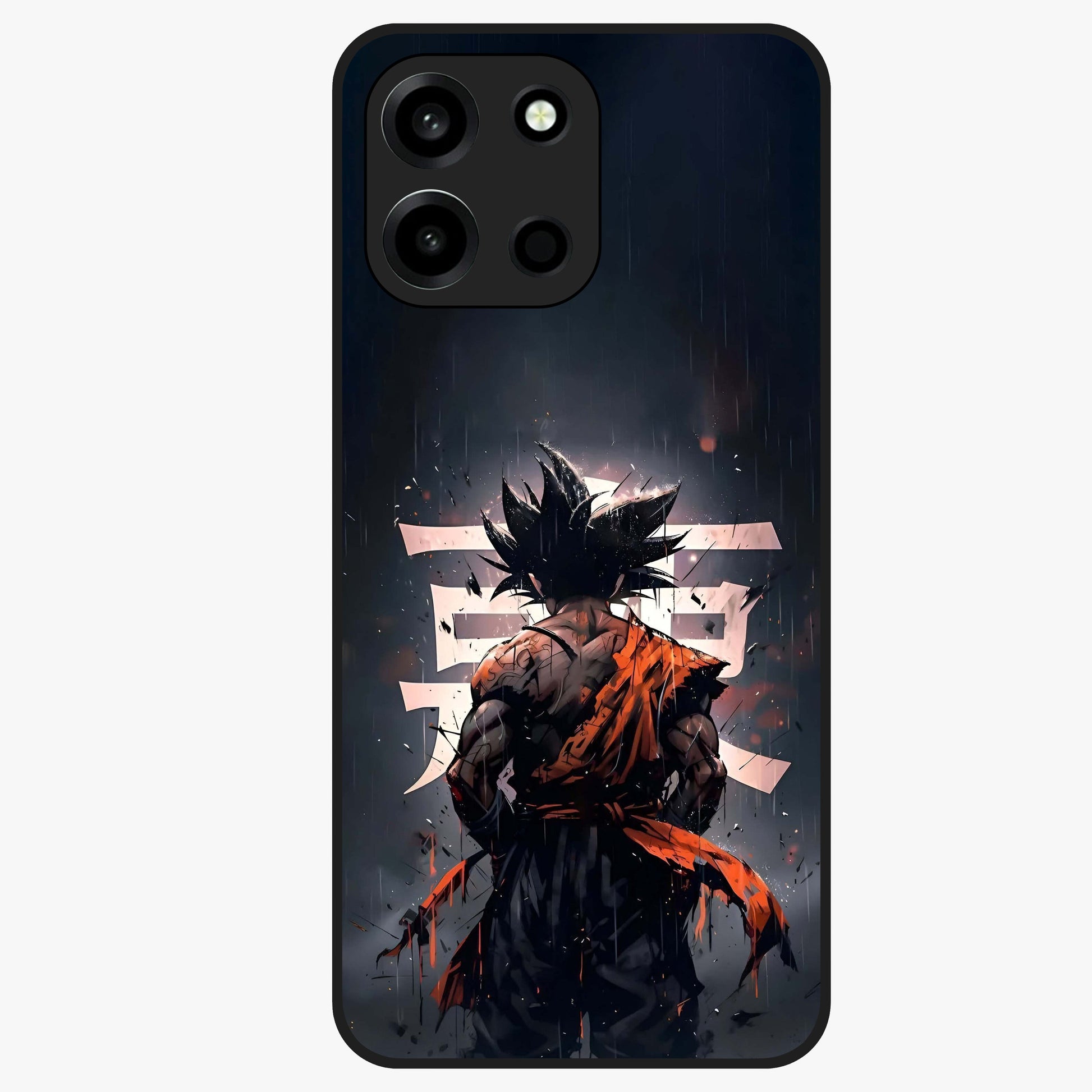 Dark Warrior In Rain Glass Case showing flat back view with warrior artwork in rainy atmosphere and glossy glass finish.