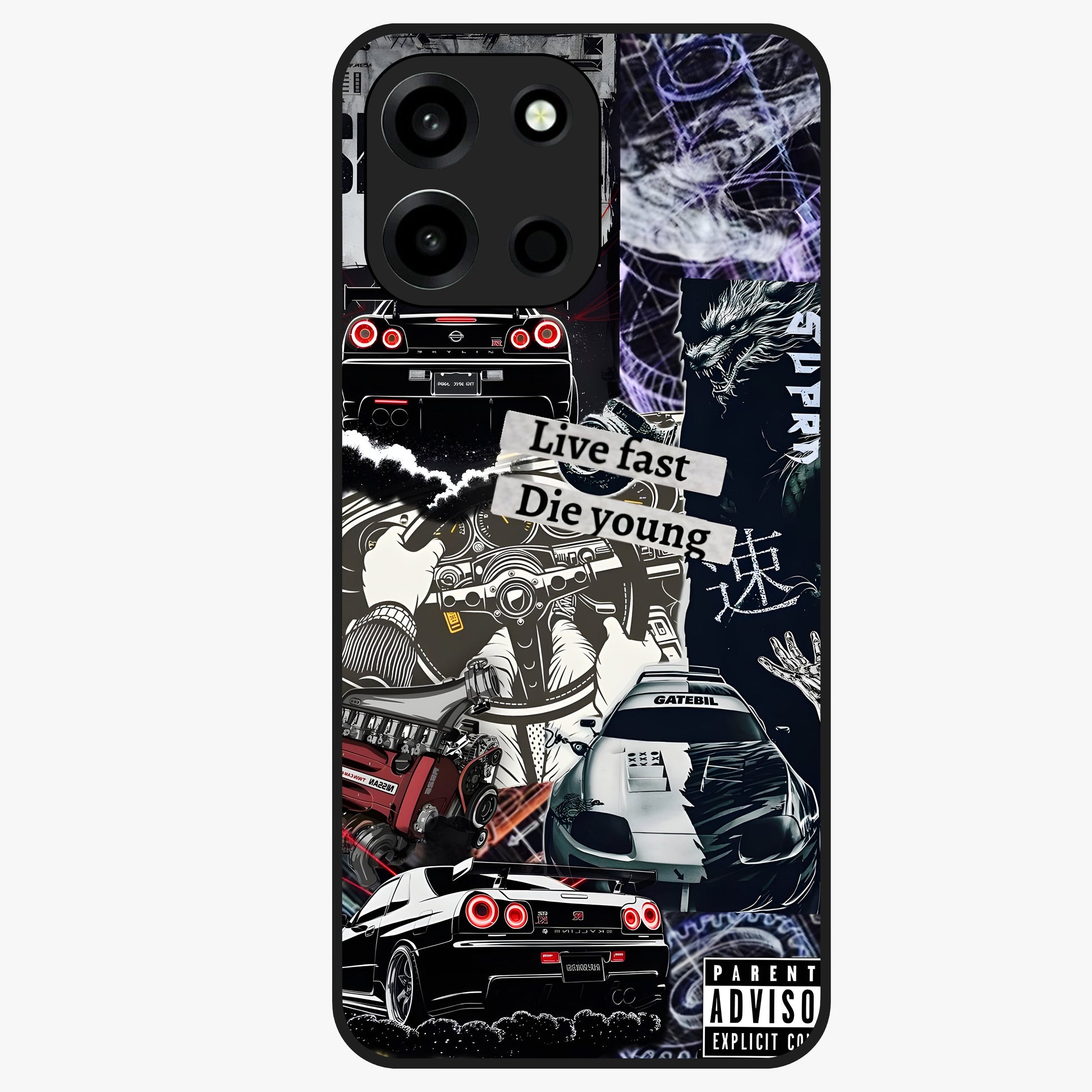 Die Young Glass Case showing flat back view with bold artistic typography design and glossy glass finish.