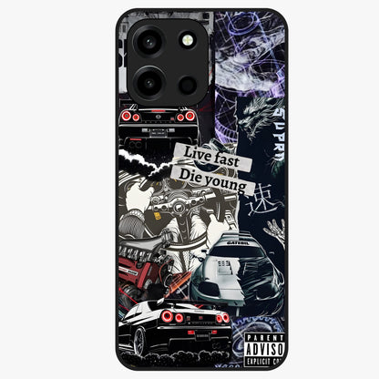 Die Young Glass Case showing flat back view with bold artistic typography design and glossy glass finish.