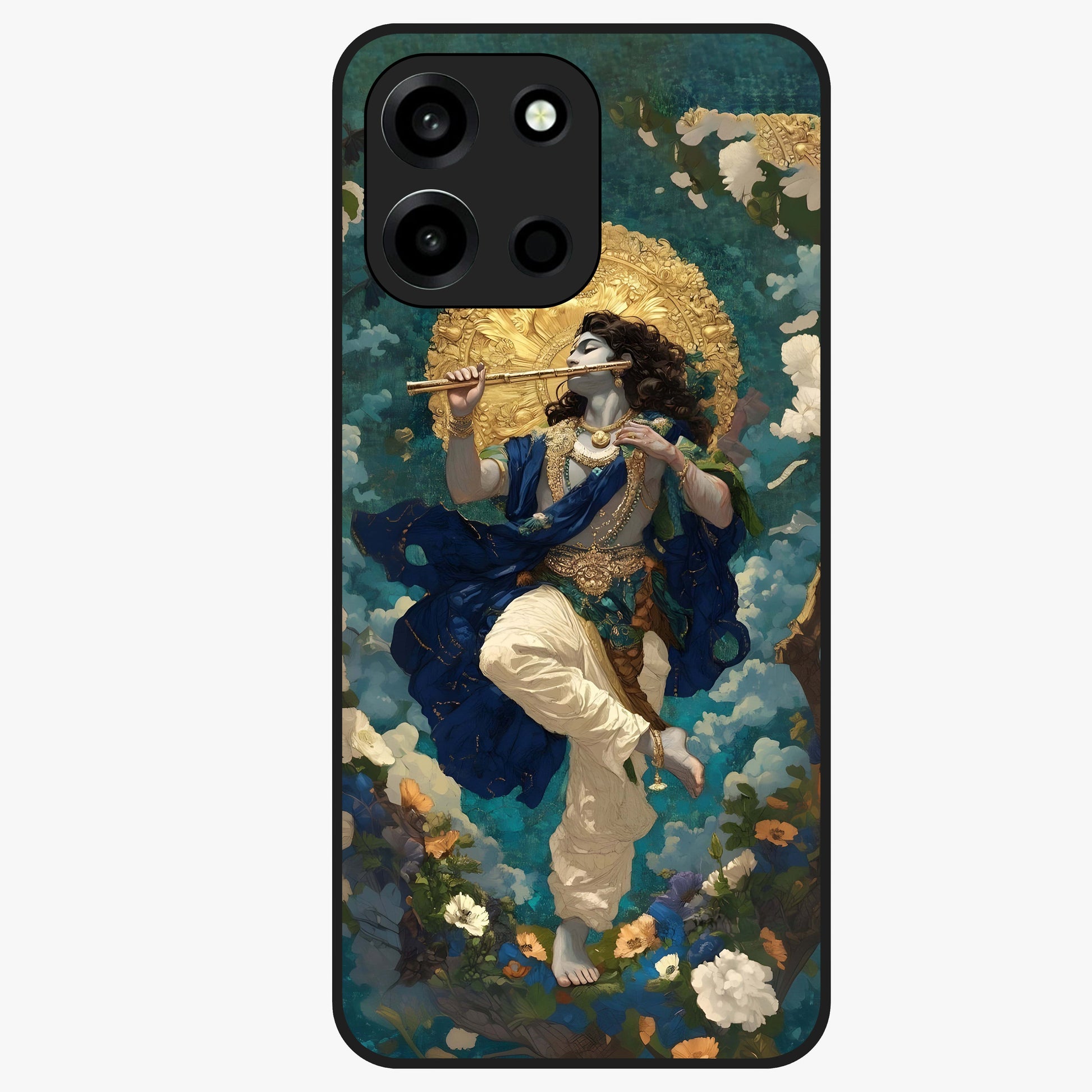 Divine Krishna Art Glass Case showing flat back view with Lord Krishna artwork and glossy glass finish.