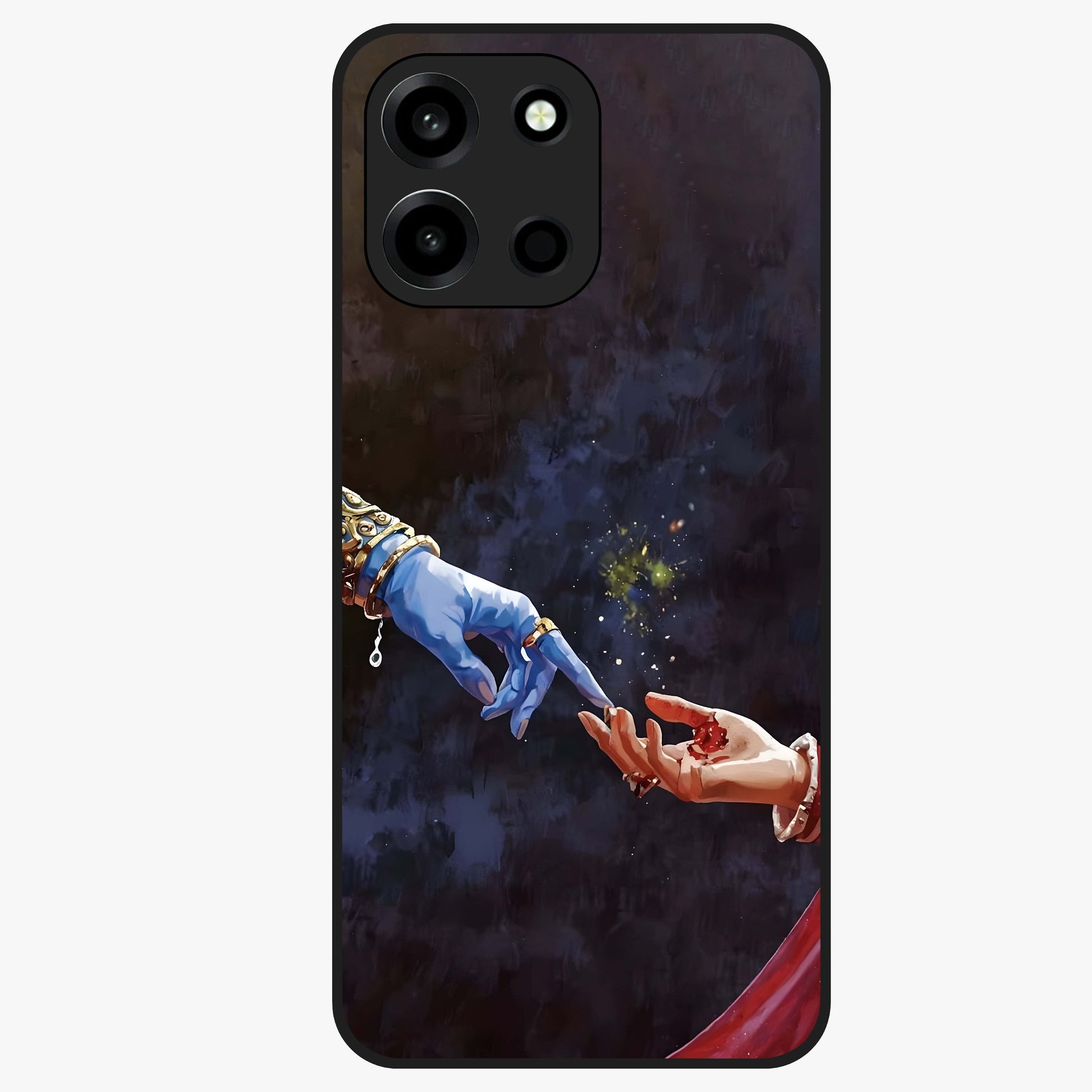 Divine Touch Eternal Glass Case showing flat back view with spiritual themed artwork and glossy glass finish.