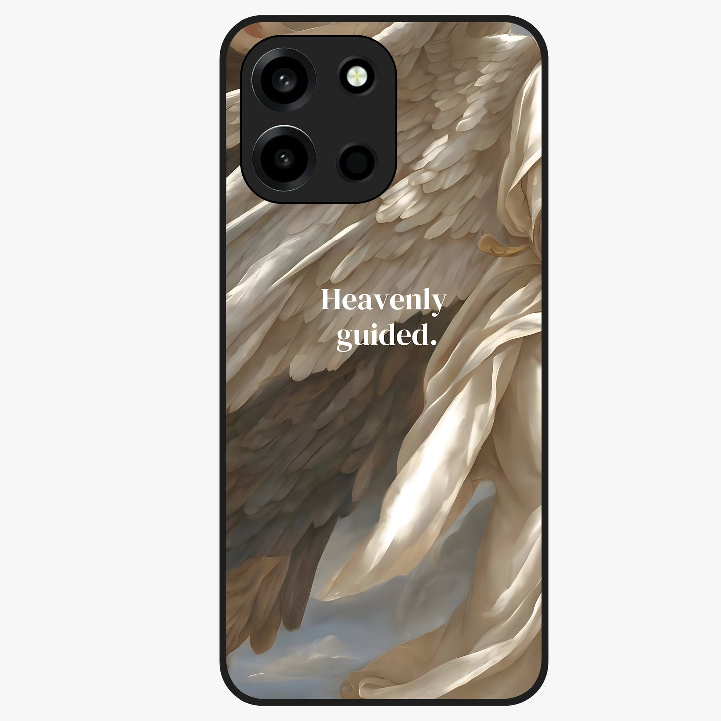 Divine Winged Grace Glass Case showing flat back view with elegant wing inspired artwork and glossy glass finish.
