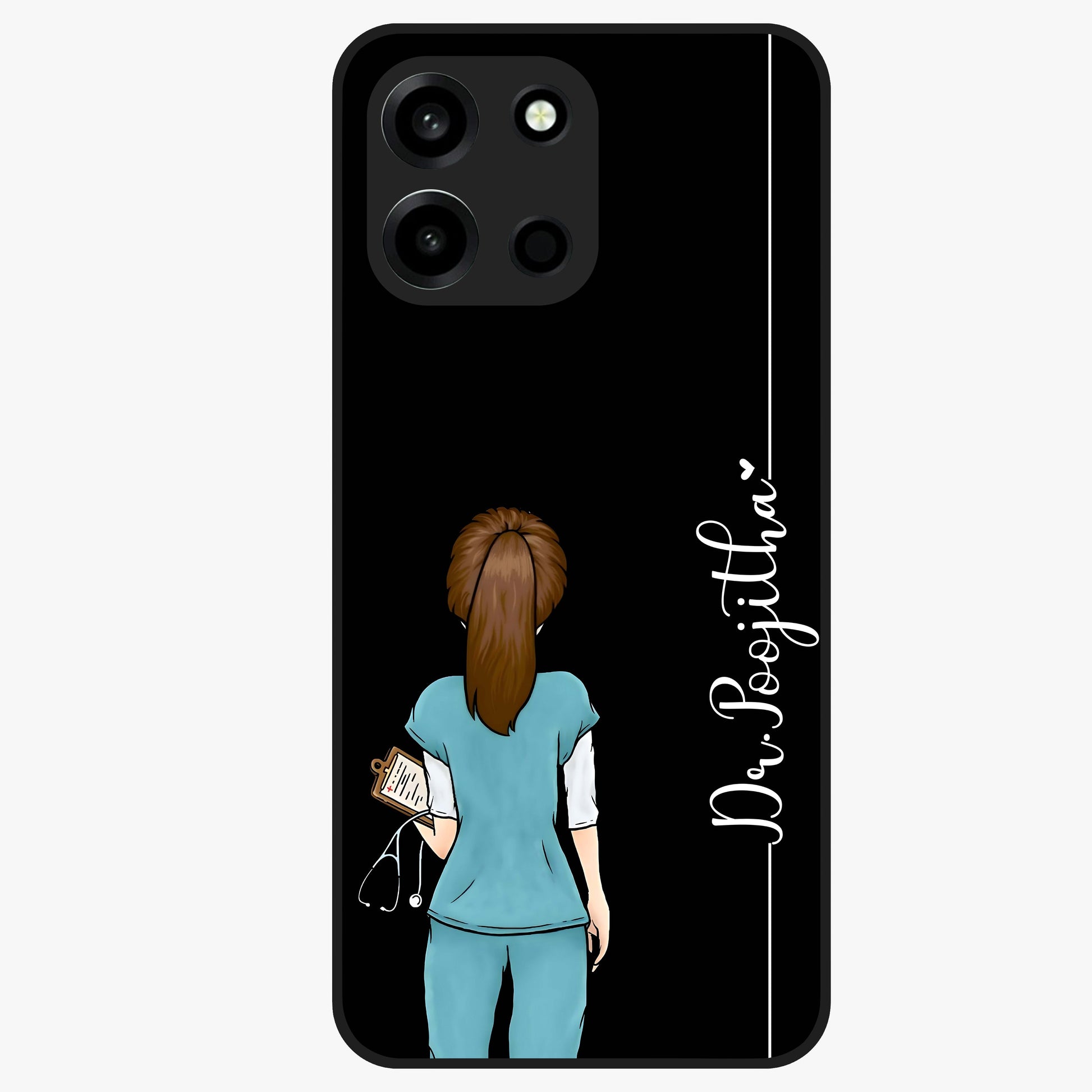 Doctor Pattern Custom Name Glass Case showing flat back view with medical themed pattern and personalized name design.