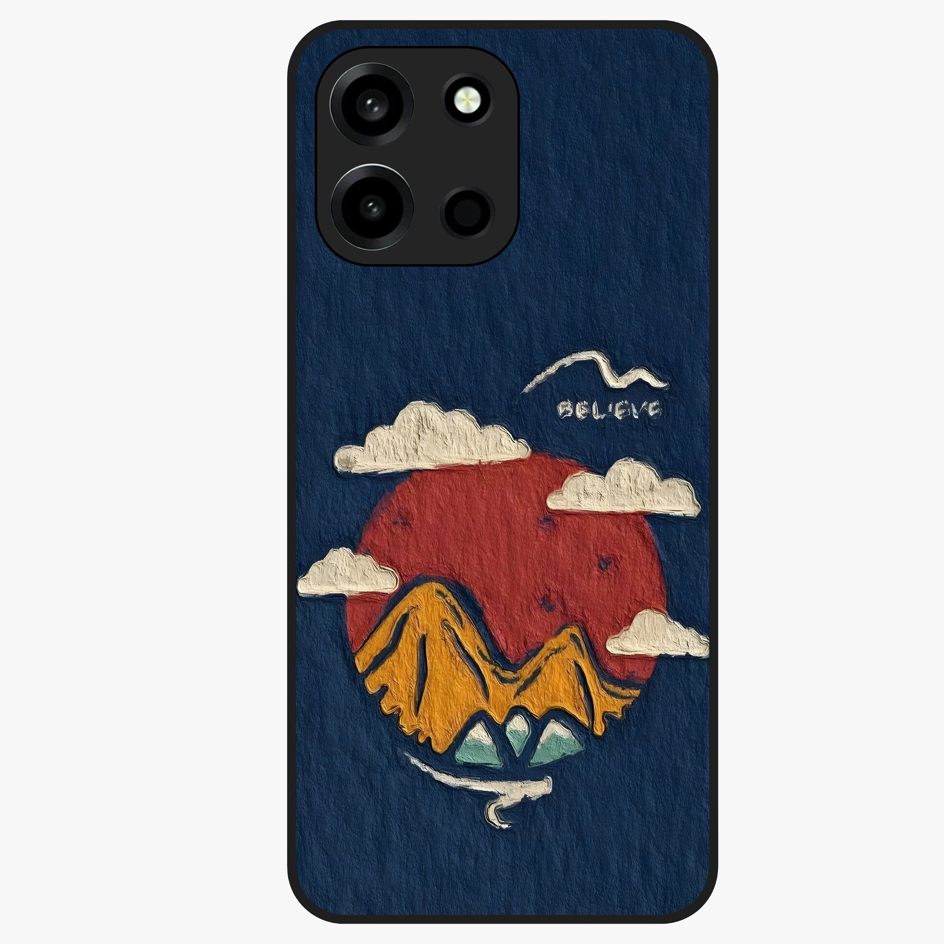 Dream Beyond Mountains Glass Case showing flat back view with scenic mountain landscape artwork and glossy glass finish.