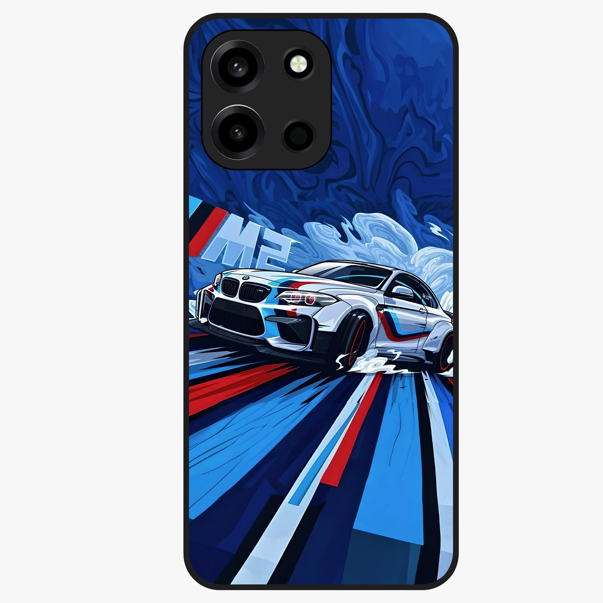 Drift Power Rush Glass Case showing flat back view with dynamic racing inspired artwork and glossy glass finish.