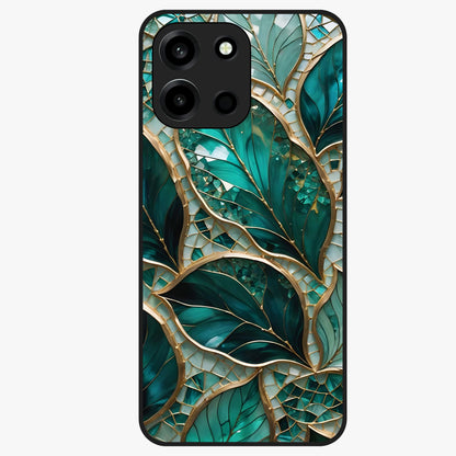 Emerald Leaf Glass Glass Case showing flat back view with emerald green leaf artwork and glossy glass finish.