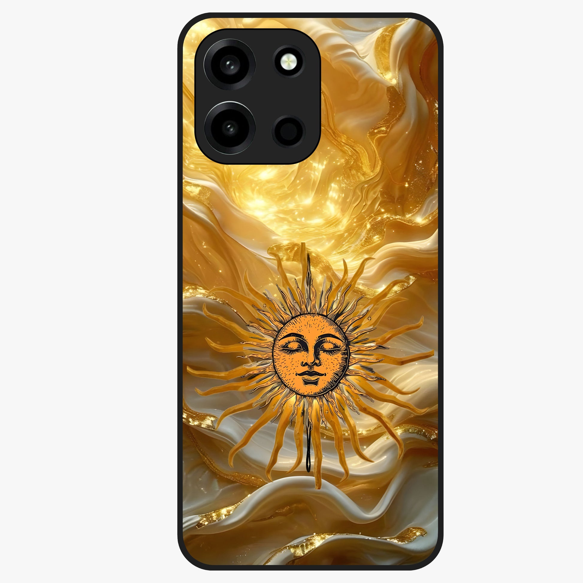 Eternal Golden Glow Glass Case showing flat back view with radiant golden themed artwork and glossy glass finish.