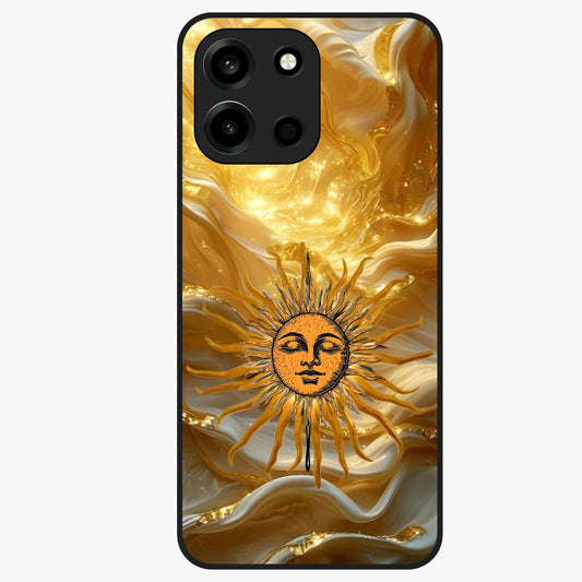 Eternal Golden Glow Glass Case showing flat back view with radiant golden themed artwork and glossy glass finish.