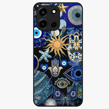 Evil Eye Charm Mix Glass Case showing flat back view with multiple evil eye charms artwork and glossy glass finish.