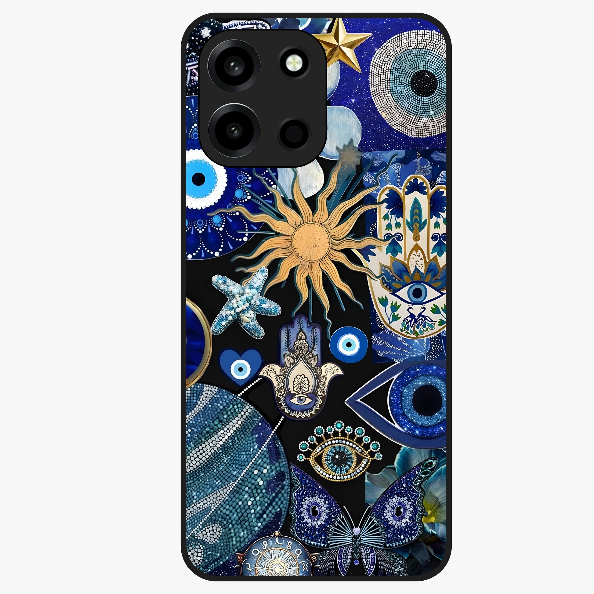 Evil Eye Charm Mix Glass Case showing flat back view with multiple evil eye charms artwork and glossy glass finish.