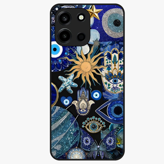 Evil Eye Charm Mix Glass Case showing flat back view with multiple evil eye charms artwork and glossy glass finish.
