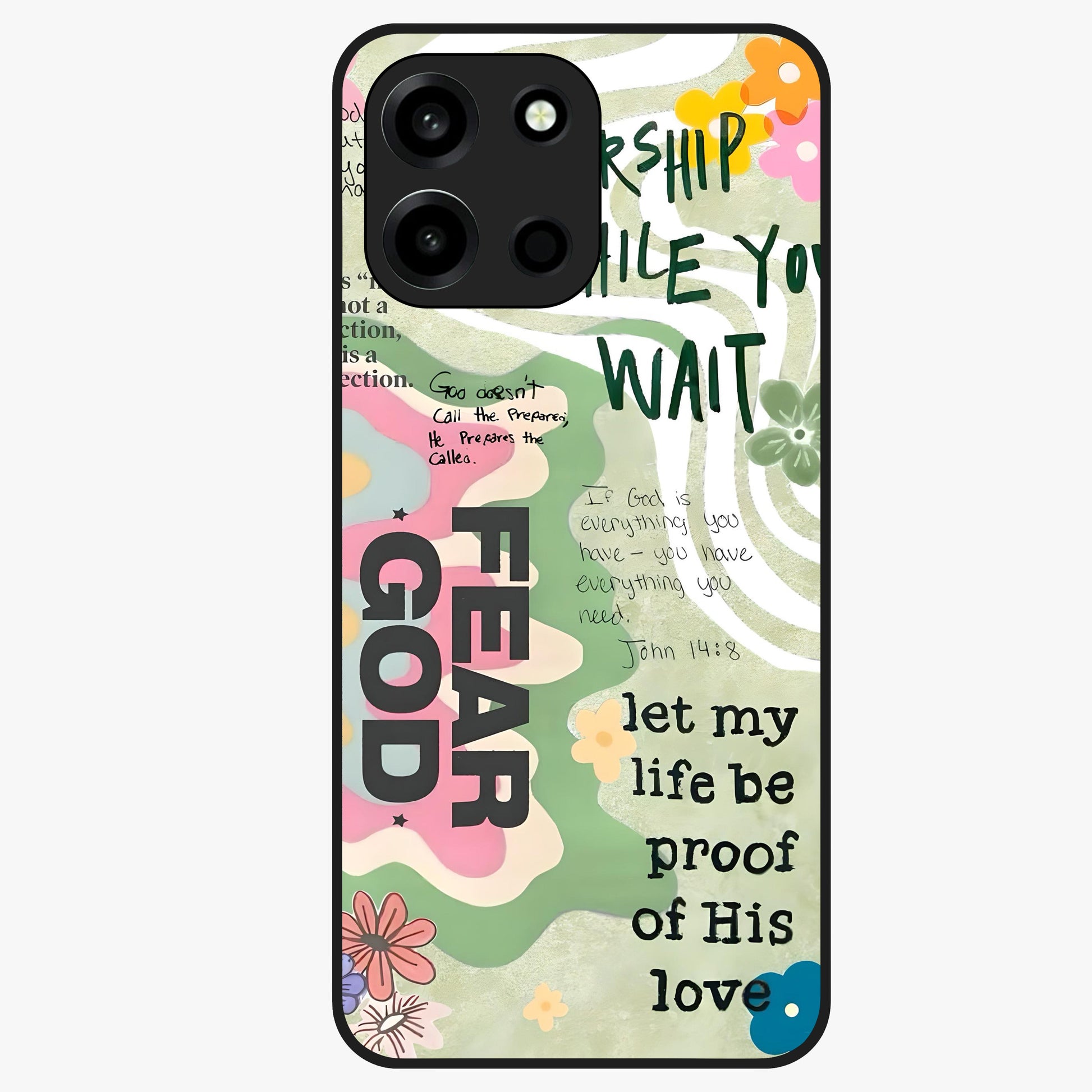 Faith Over Fear Glass Case showing flat back view with motivational typography artwork and glossy glass finish.