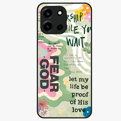 Faith Over Fear Glass Case showing flat back view with motivational typography artwork and glossy glass finish.