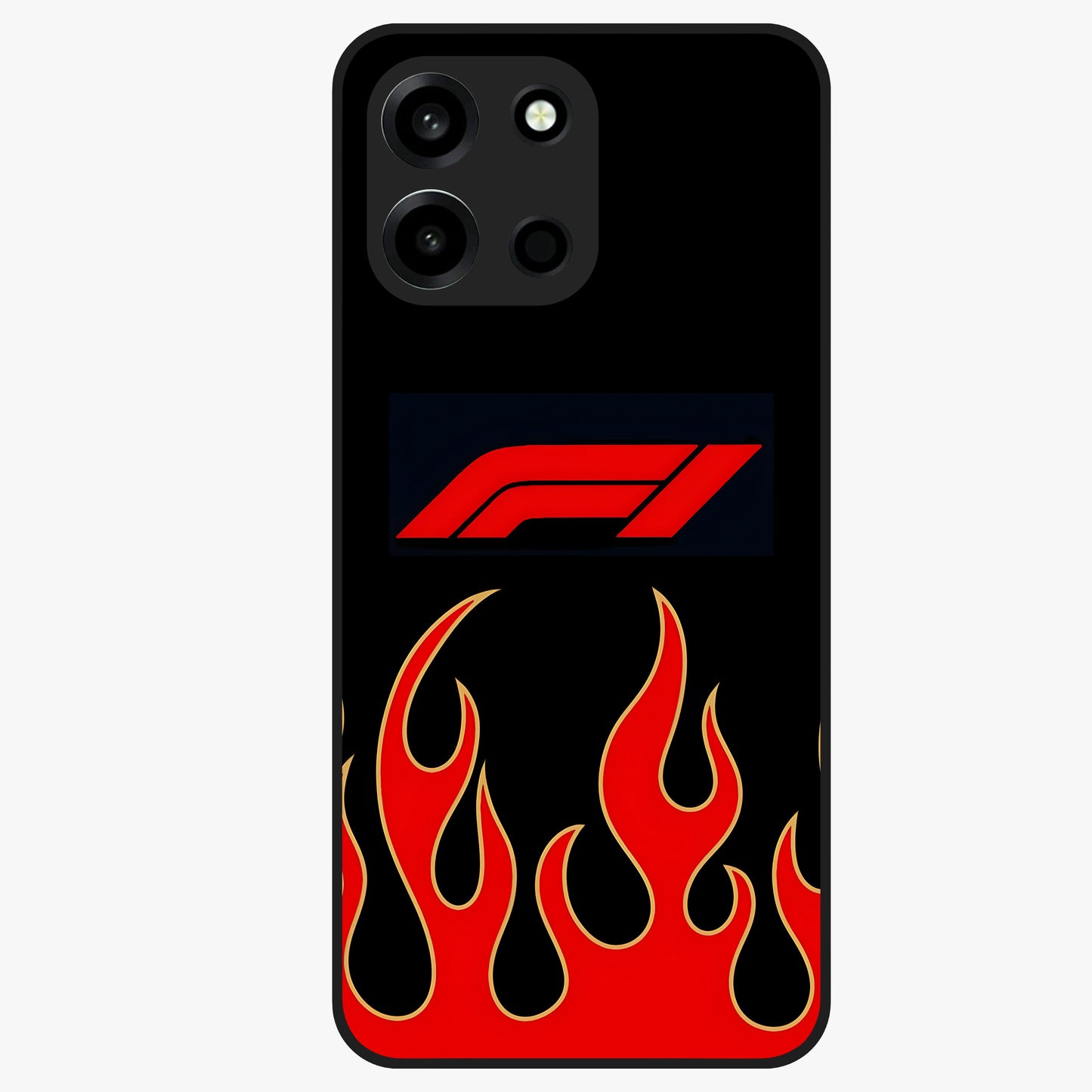 Fire F11 Glass Case showing flat back view with fiery themed artwork and glossy glass finish.