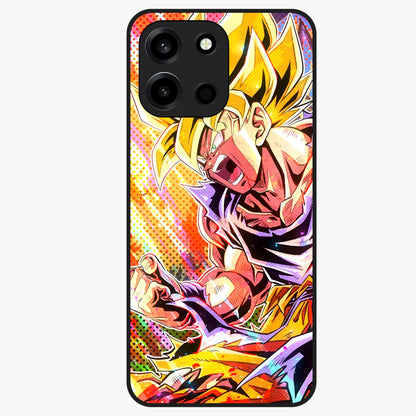 Firing Goku Glass Case showing flat back view with powerful anime inspired artwork and glossy glass finish.