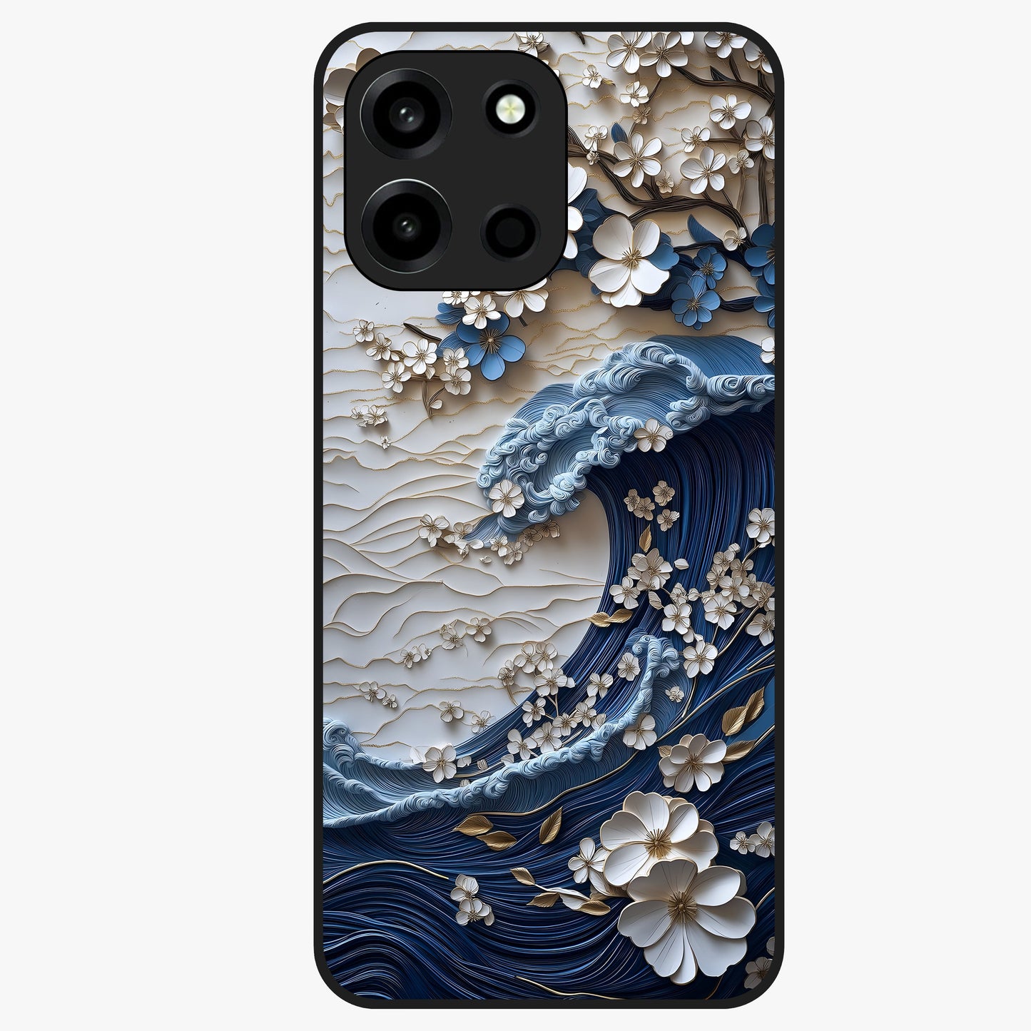 Floral Wave Origami Glass Case showing flat back view with origami inspired floral wave artwork and glossy glass finish.
