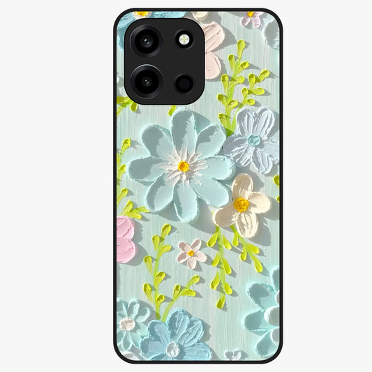Frosted Petal Garden Glass Case showing flat back view with soft frosted floral artwork and glossy glass finish.