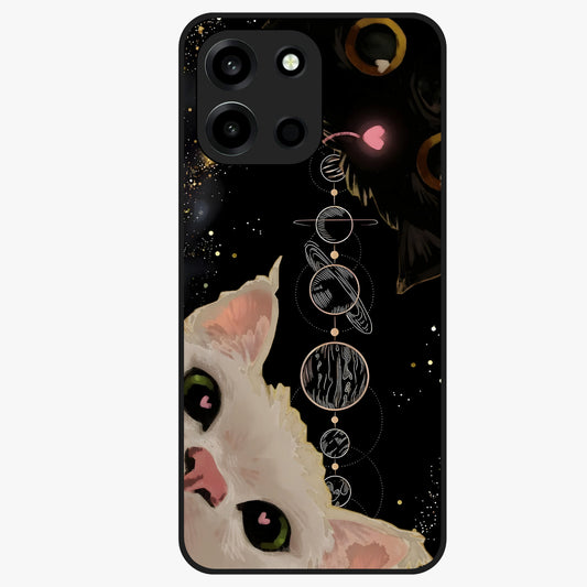 Galactic Cat Glass Case showing flat back view with cosmic cat artwork and glossy glass finish.