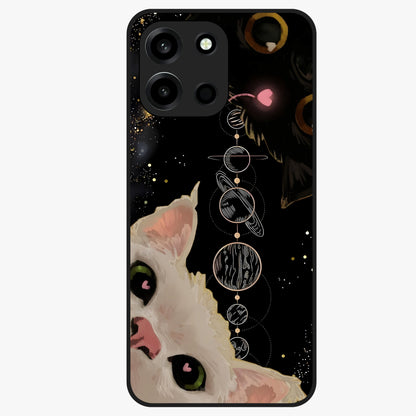 Galactic Cat Glass Case showing flat back view with cosmic cat artwork and glossy glass finish.