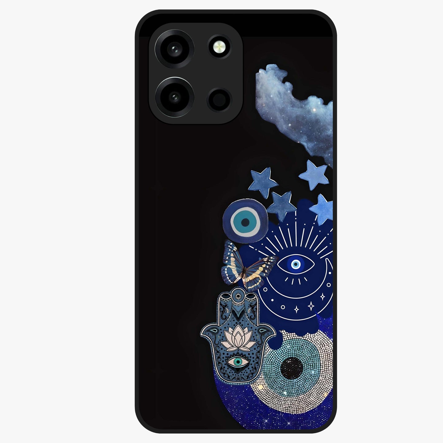 Galactic Charm Cluster Glass Case showing flat back view with glowing celestial charm artwork and glossy glass finish.