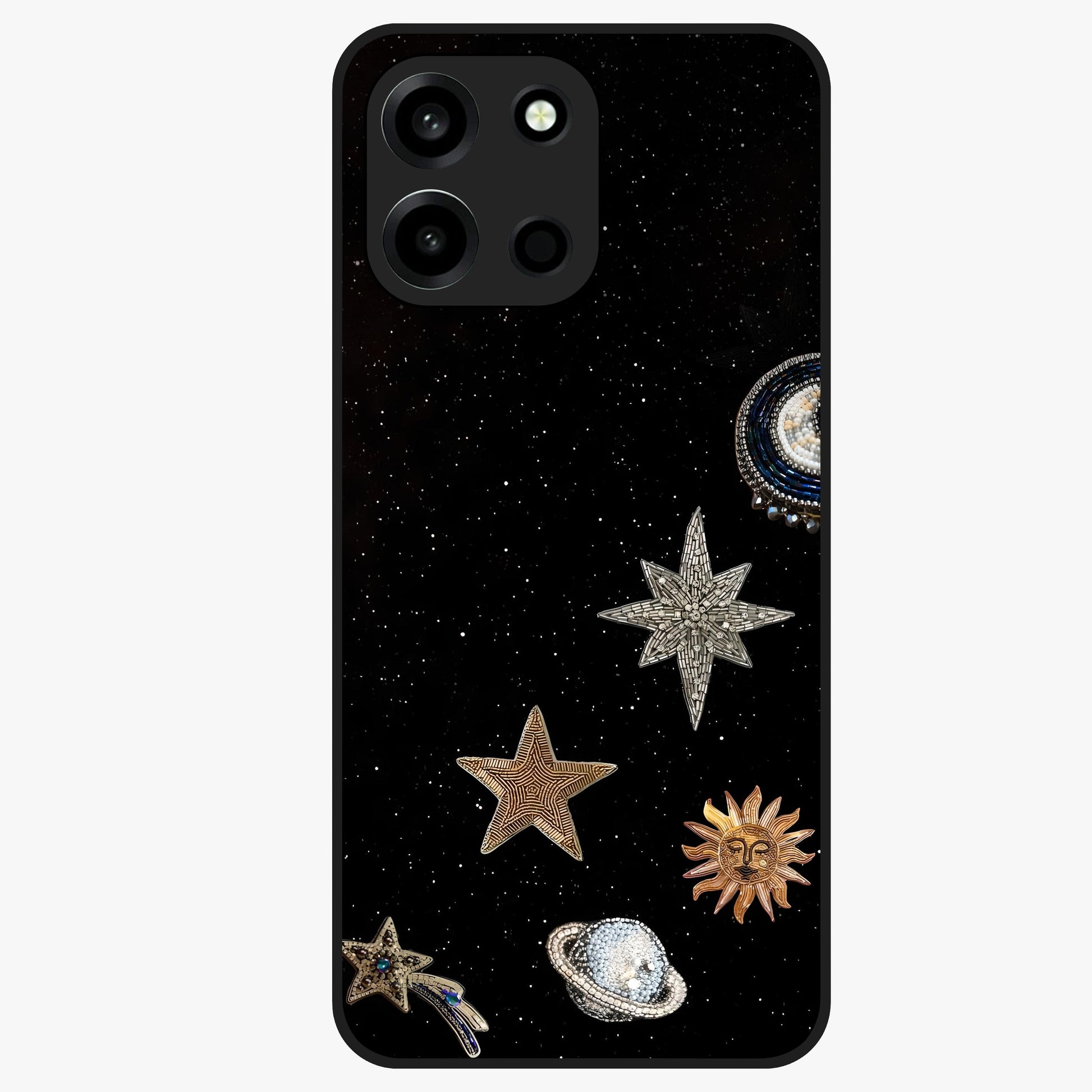 Galactic Charm Glow Glass Case showing flat back view with glowing celestial charm artwork and glossy glass finish.