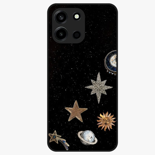 Galactic Charm Glow Glass Case showing flat back view with glowing celestial charm artwork and glossy glass finish.