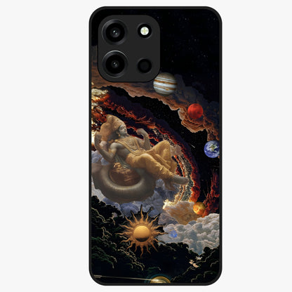 Galactic Divine God Glass Case showing flat back view with divine cosmic themed artwork and glossy glass finish.