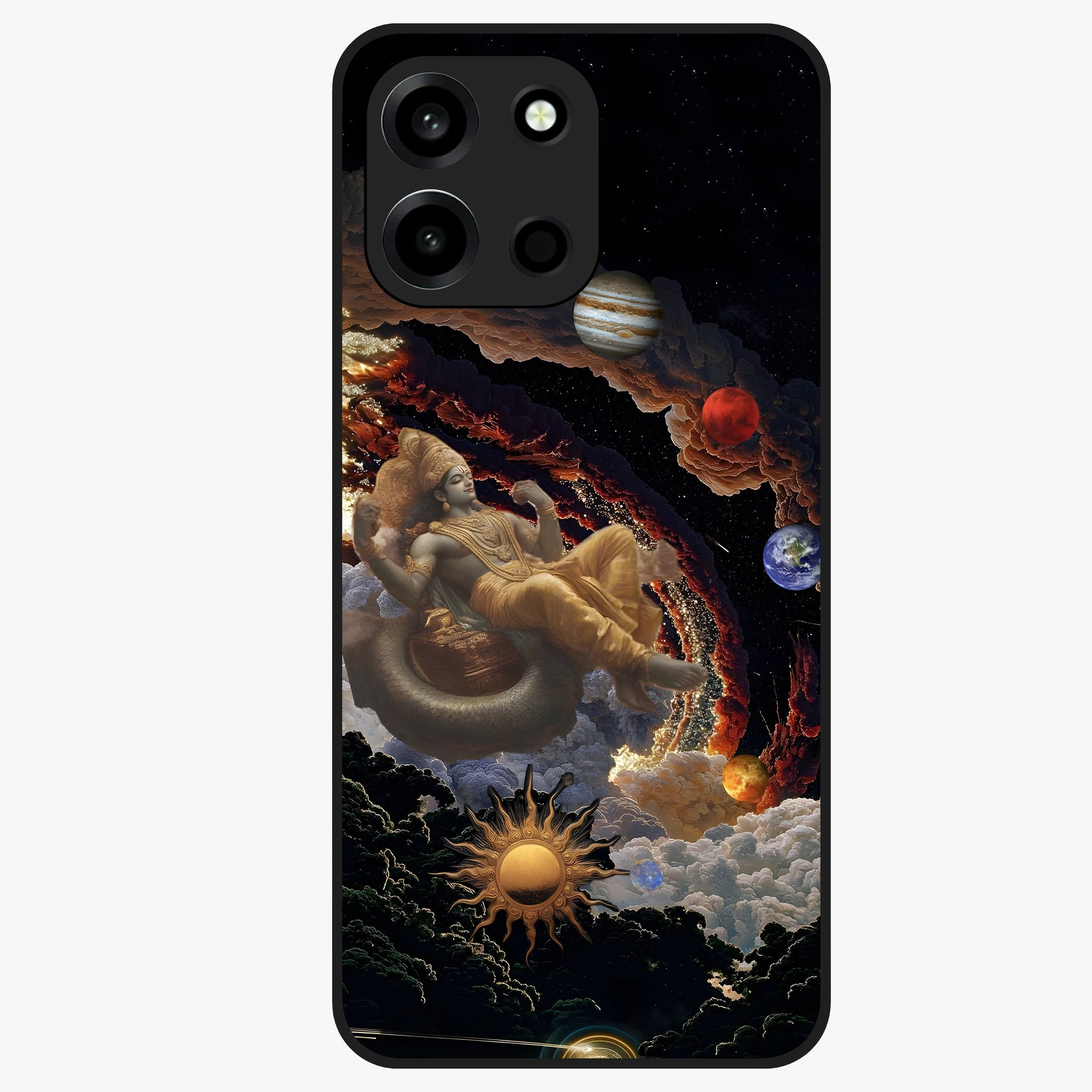 Galactic Divine God Glass Case showing flat back view with divine cosmic themed artwork and glossy glass finish.