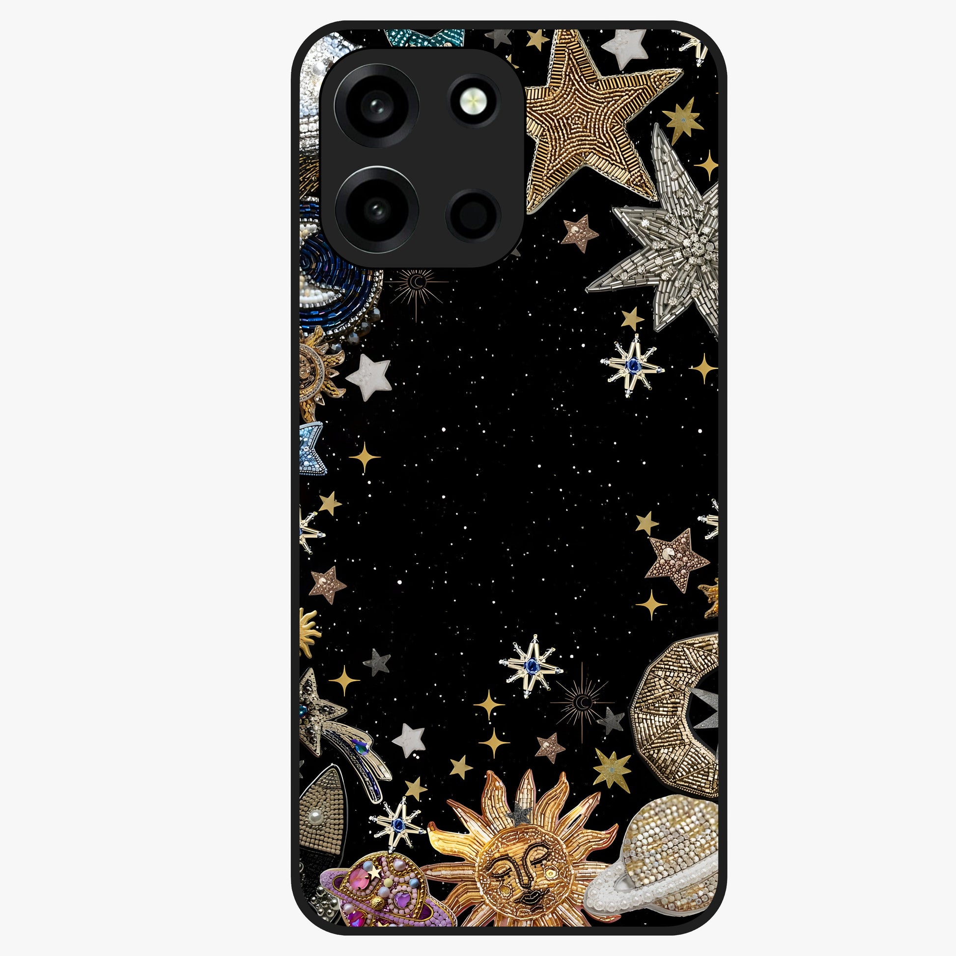 Galactic Jewel Stars Glass Case showing flat back view with sparkling star jewel artwork and glossy glass finish.