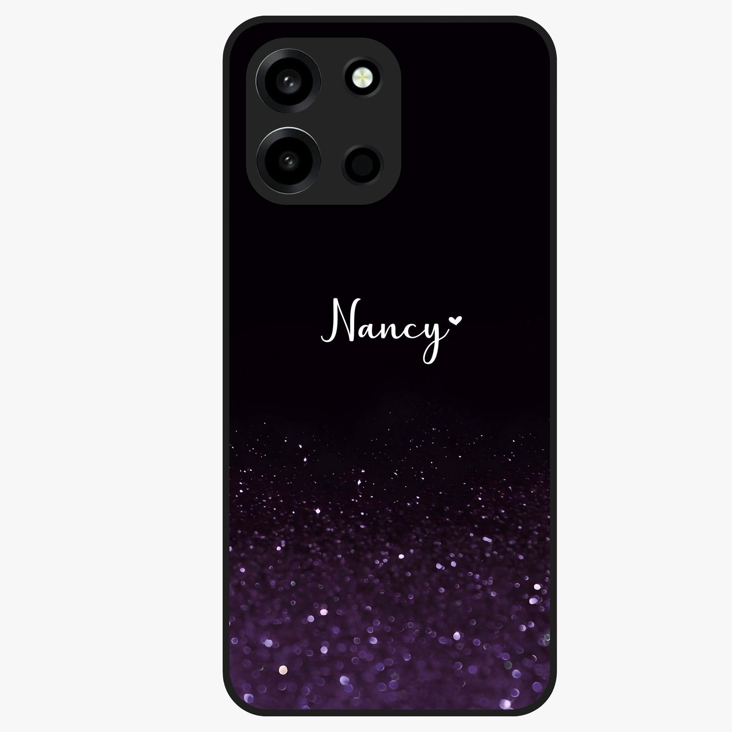 Glittery Purple Bokeh Custom Name Glass Case showing flat back view with purple bokeh sparkle artwork and personalized name design.