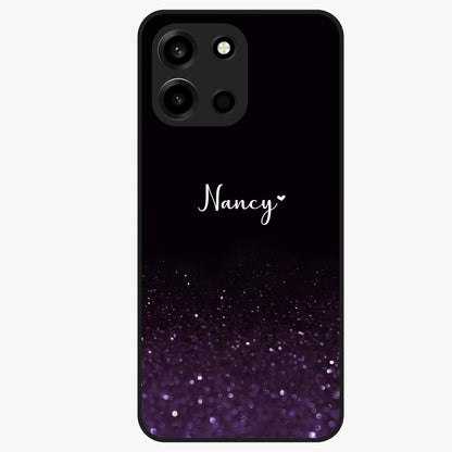 Glittery Purple Bokeh Custom Name Glass Case showing flat back view with purple bokeh sparkle artwork and personalized name design.