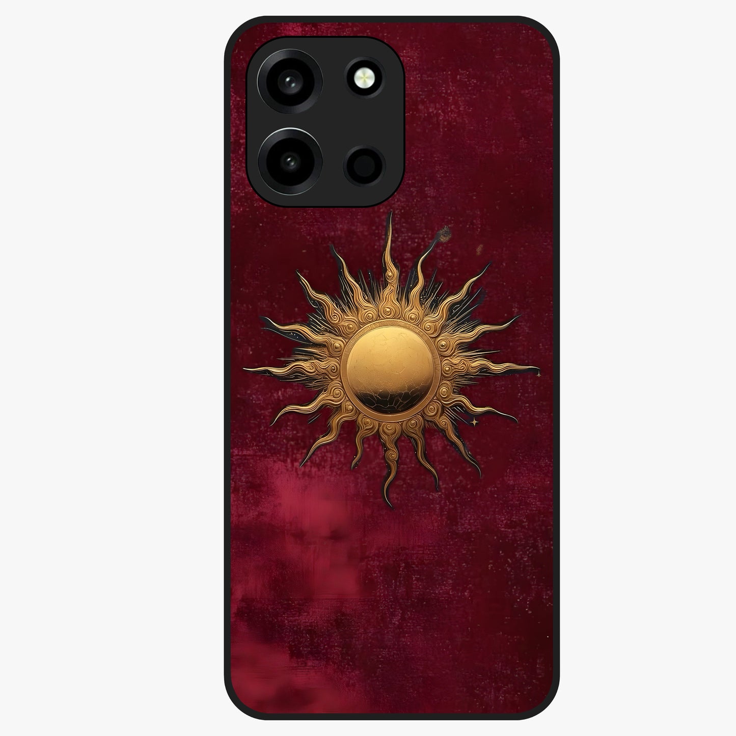 Golden Celestial Charm Glass Case showing flat back view with golden celestial charm artwork and glossy glass finish.