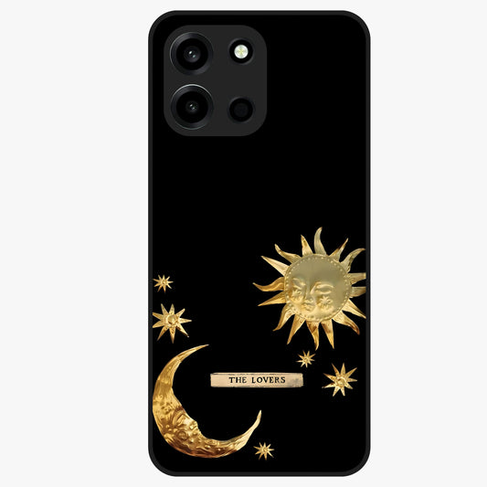 Golden Celestial Charm Glass Case showing flat back view with golden celestial charm artwork and glossy glass finish.