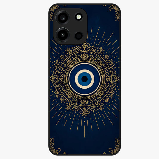 Golden Evil Eye Mandala Glass Case showing flat back view with intricate evil eye mandala artwork and glossy glass finish.