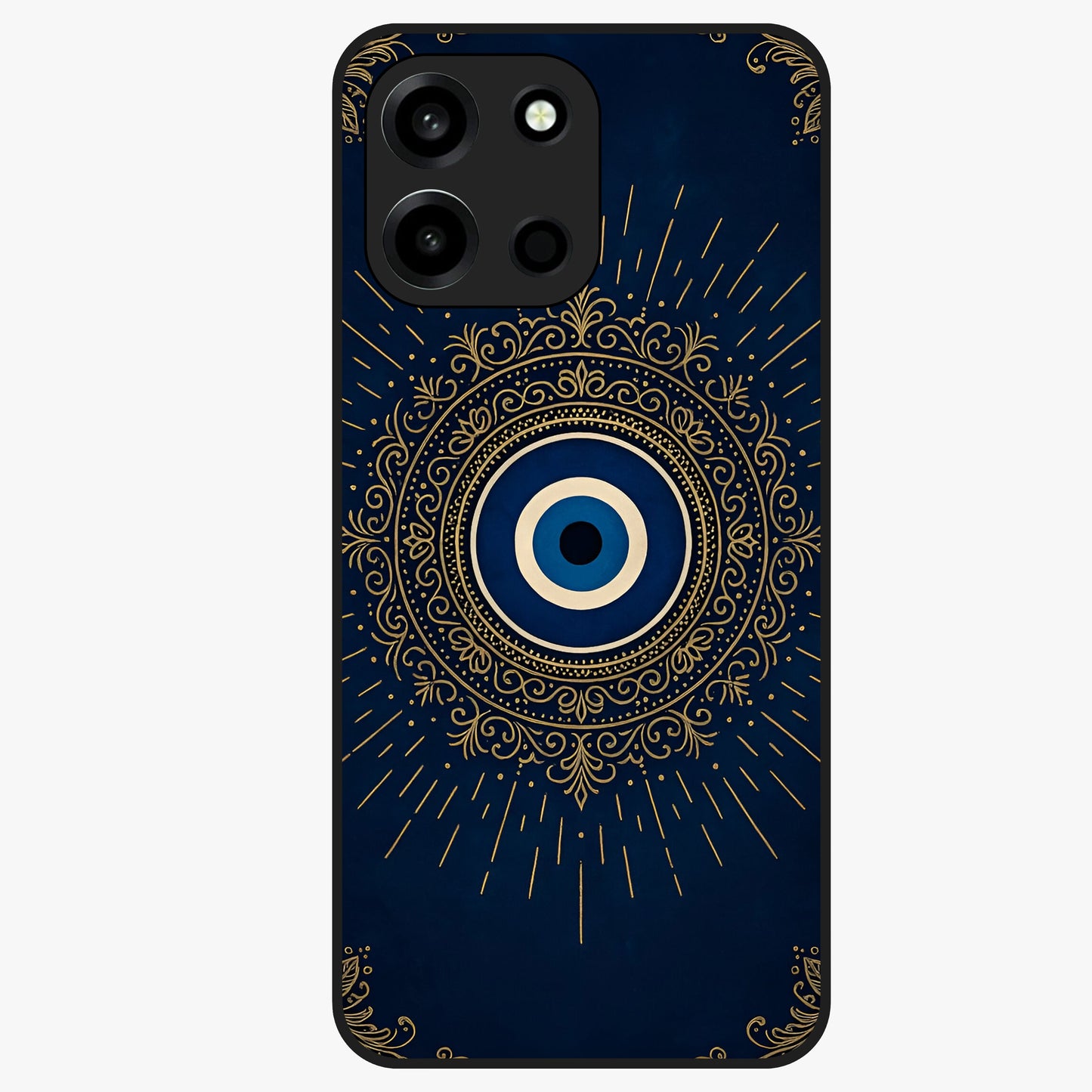 Golden Evil Eye Mandala Glass Case showing flat back view with intricate evil eye mandala artwork and glossy glass finish.