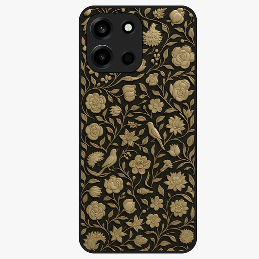 Golden Floral Majesty Glass Case showing flat back view with luxurious golden floral artwork and glossy glass finish.