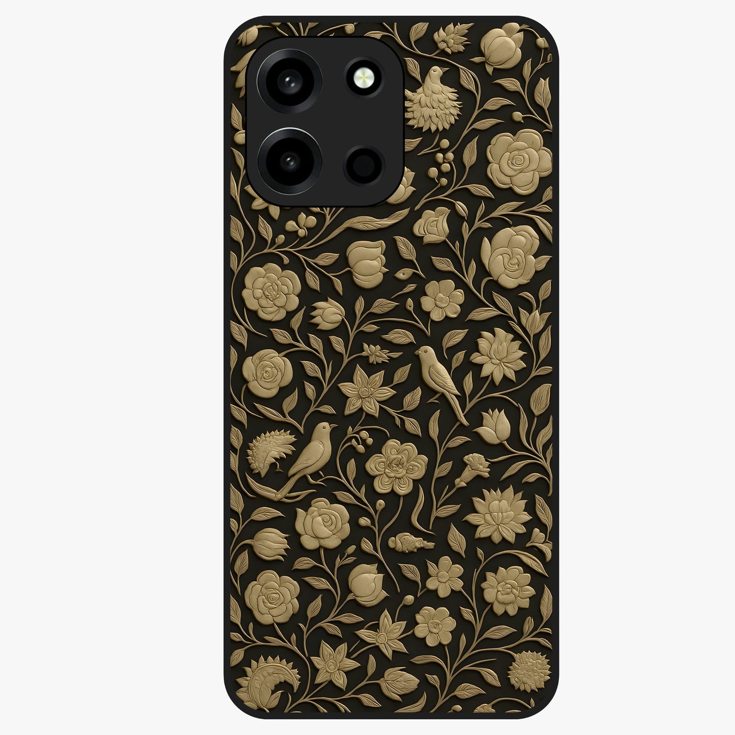 Golden Lotus Glow Glass Case showing flat back view with glowing lotus flower artwork and glossy glass finish.